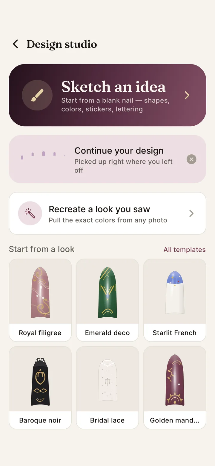 Nailly design studio: sketch an idea, recreate a look you saw, start from a nail design template