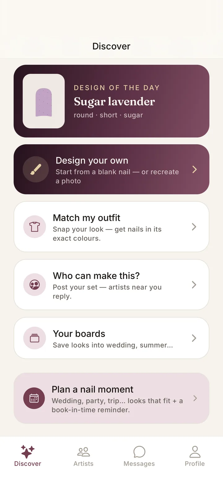 Nailly Discover screen with design of the day, design your own nails, match my outfit and who can make this