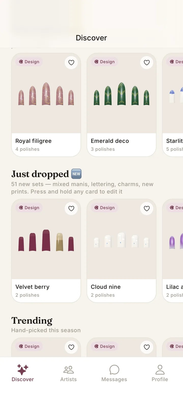 Nailly feed of nail designs: royal filigree, emerald deco, velvet berry and new drops