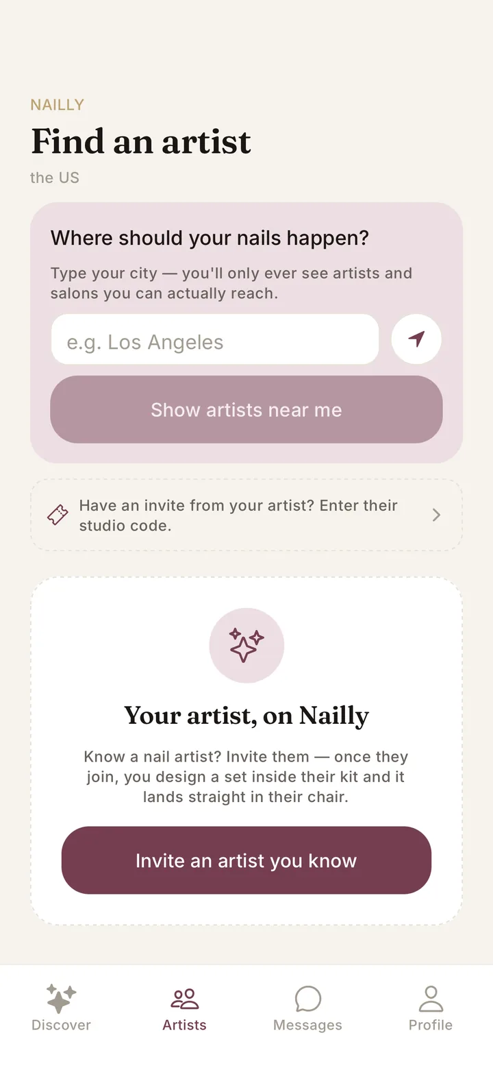 Nailly find a nail artist near you: search by city and invite your own nail artist