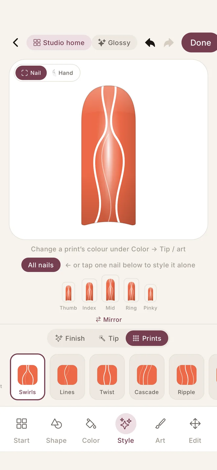 Nailly nail art prints: swirls, lines, twist, cascade and ripple patterns