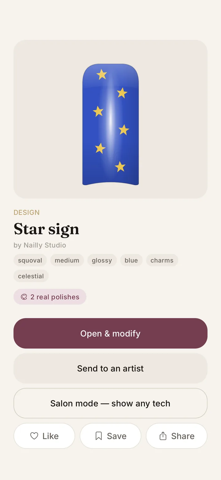 Nailly nail design page: Star sign squoval nails with send to an artist and salon mode
