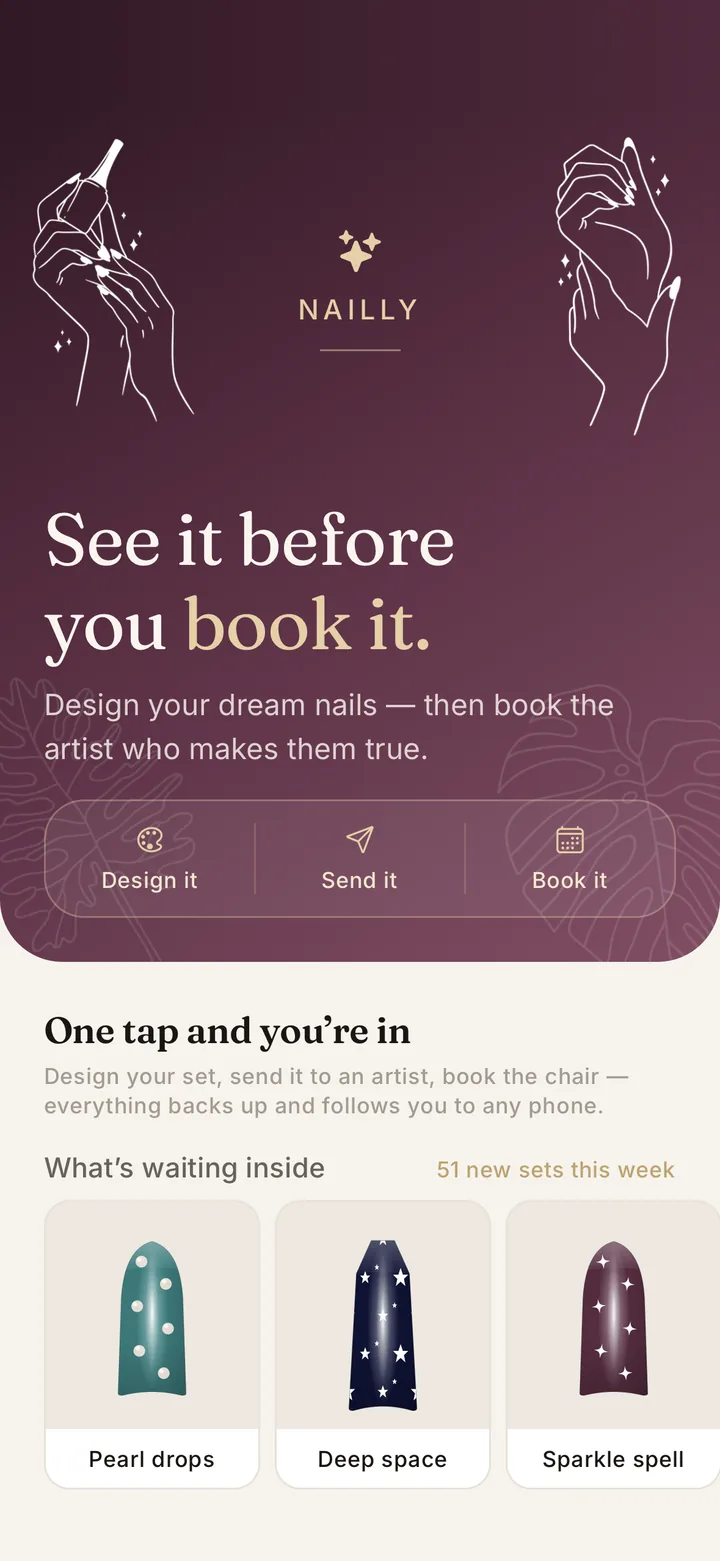 Nailly nail design app welcome screen: See it before you book it